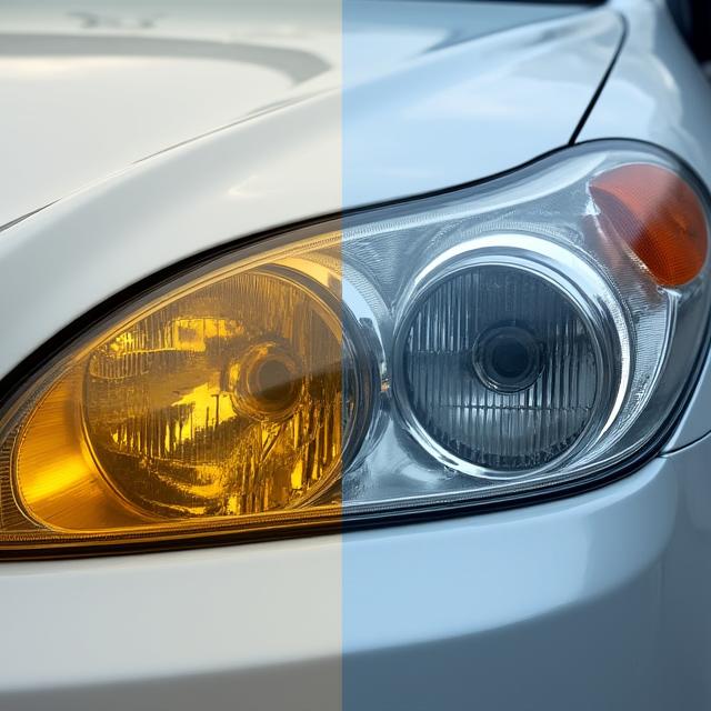 A split image showing a car headlight half-yellowed and half-restored to crystal clarity.